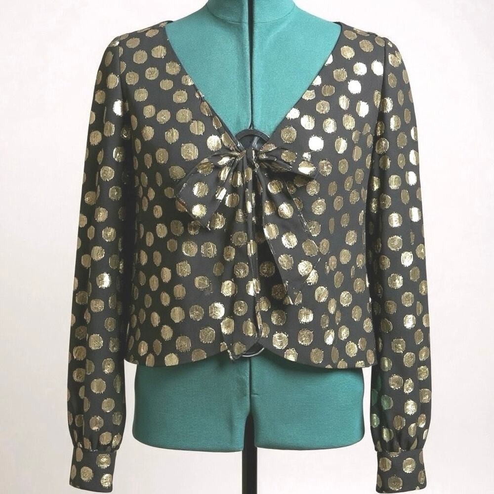 For Love & Lemons Lottie Tie Front Blouse Black Gold Metallic Dot Size M - Picture 2 of 6